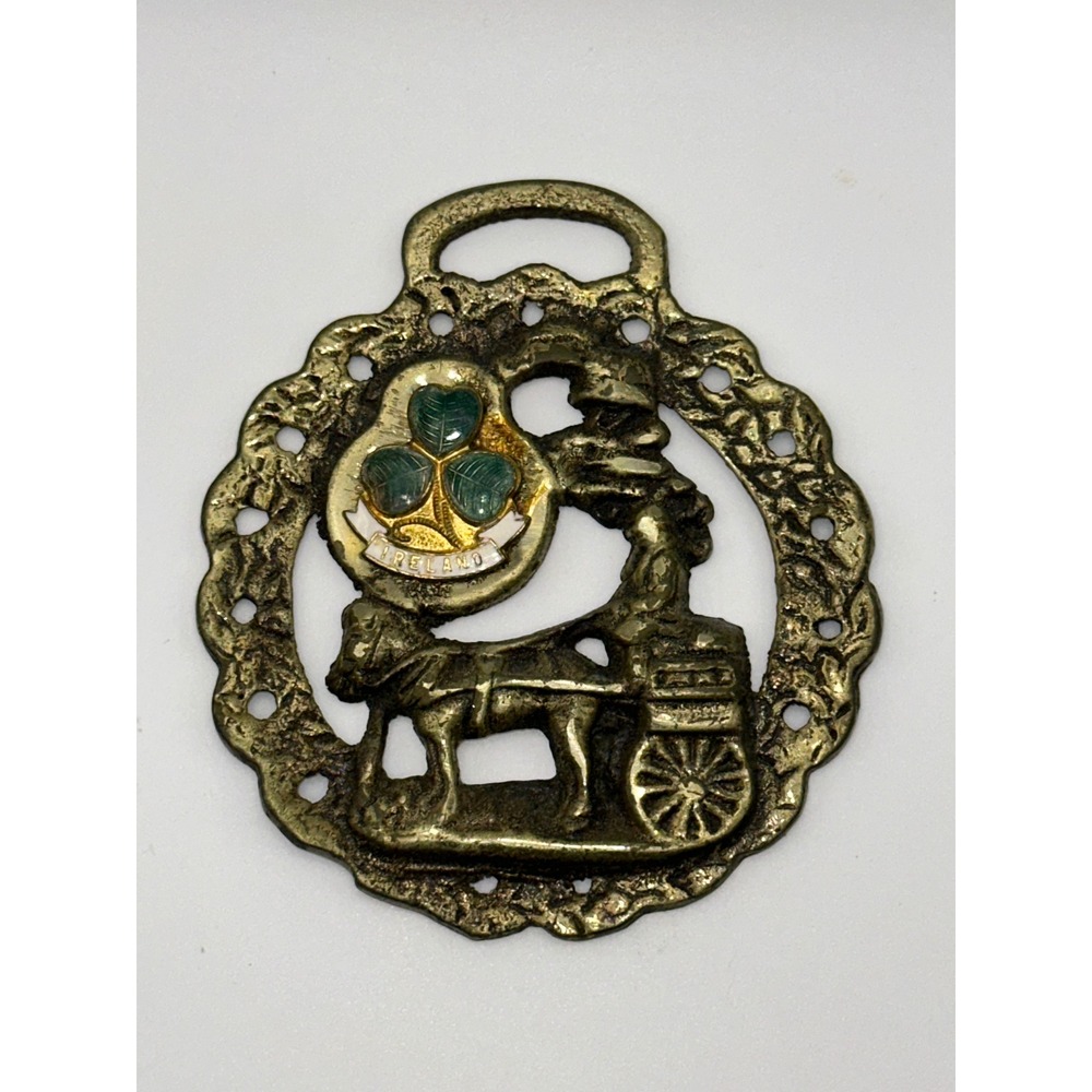 Vintage Elpec Ireland Brass Horse Brass Shamrock Enamel Horse and Carriage